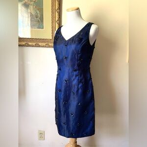 Papell Boutique Evenings Blue Beaded Dress 4 Iridescent Floral V Neck Y2k Sheath